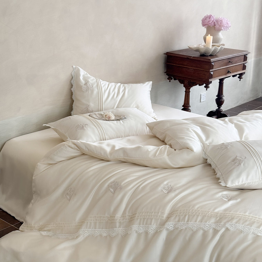 Organic Cotton Embroidered Duvet Cover Set with Lace-Trimmed Pillow Shams and Pin-Tuck Detail
