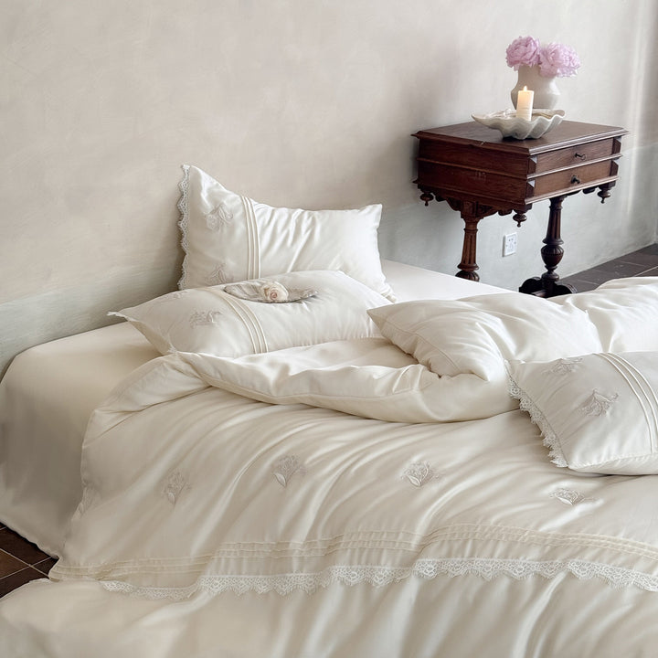 Organic Cotton Embroidered Duvet Cover Set with Lace-Trimmed Pillow Shams and Pin-Tuck Detail