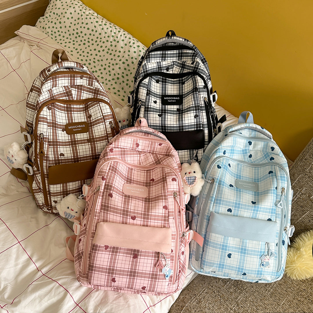 Stylish Checked Backpack with Heart Accents Stornfield