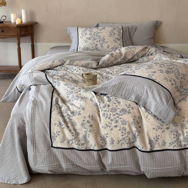 Floral Washed-Linen Cotton Blend Duvet Cover Set with Quilted Top and Piped Shams
