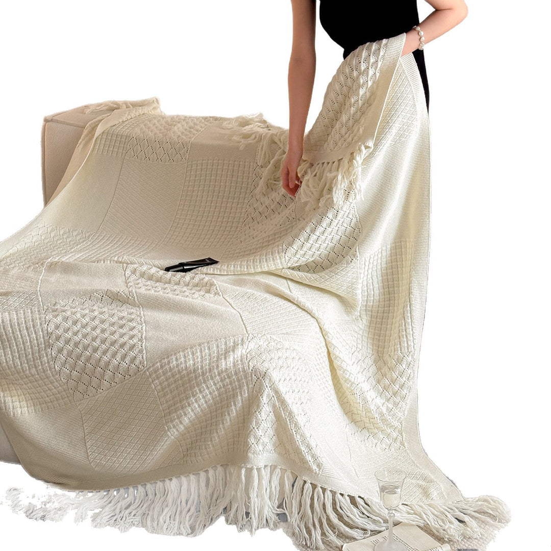 Textured Patchwork Cotton Knit Fringe Throw Blanket