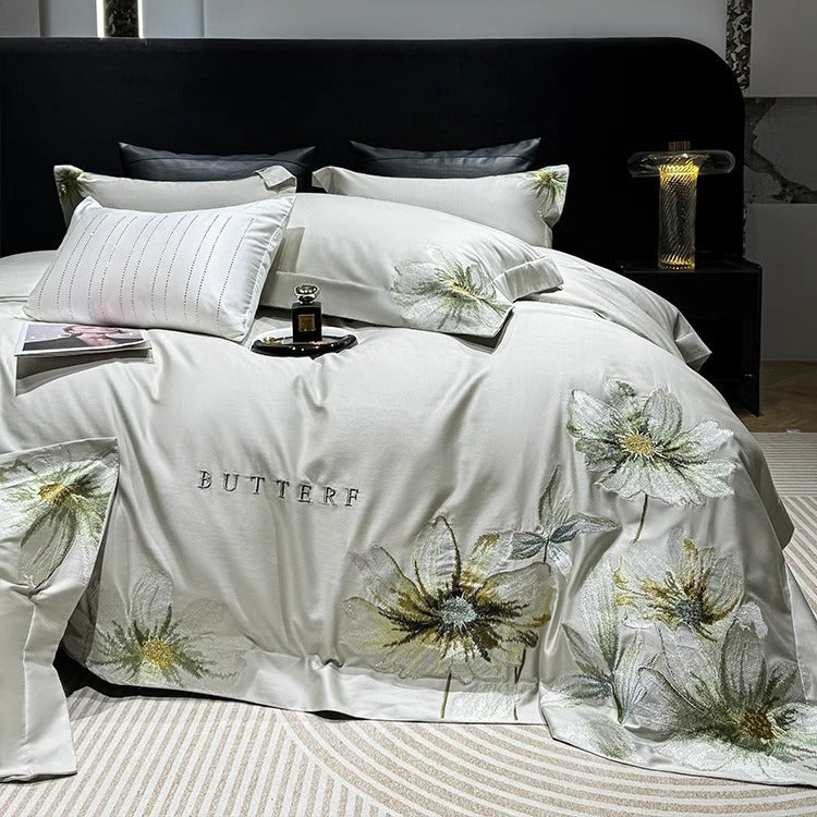 Luxury Embroidered Botanical Cotton-Sateen Duvet Cover Set with Decorative Pillow Shams