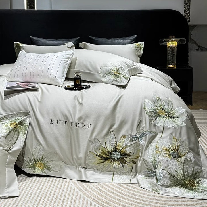 Luxury Embroidered Botanical Cotton-Sateen Duvet Cover Set with Decorative Pillow Shams