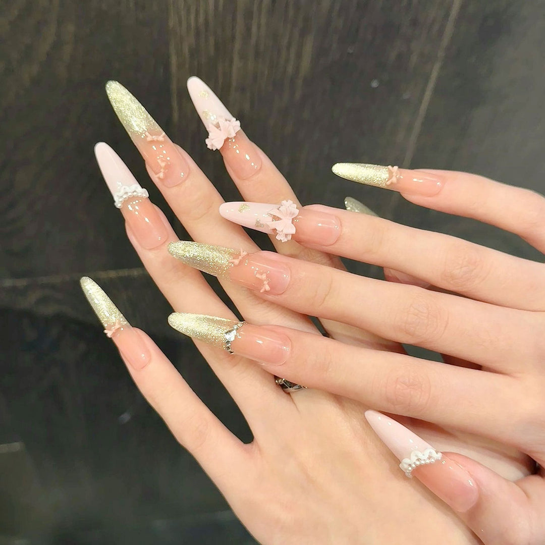 Elegant Stiletto Press-On Nail Set with Floral and Glitter Accents