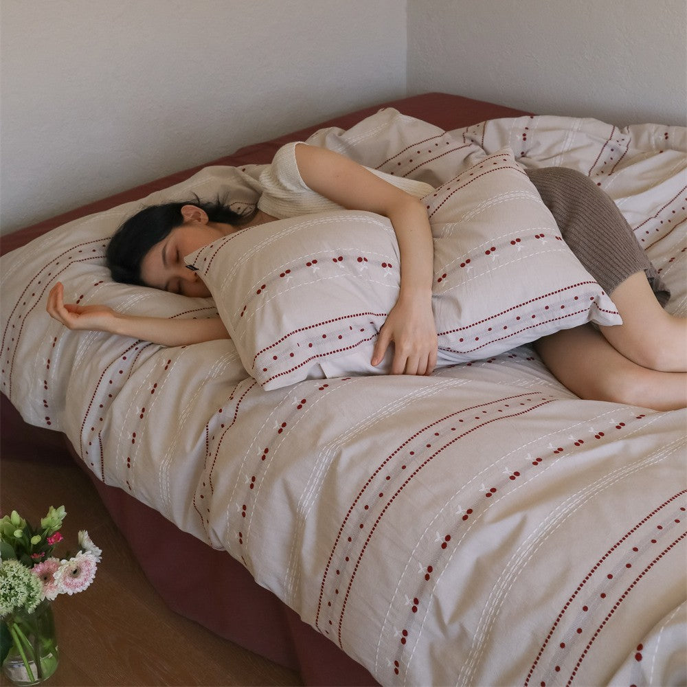 Reversible Cotton-Linen Duvet Cover Set with Eyelet Stripe Embroidery and Envelope Closure