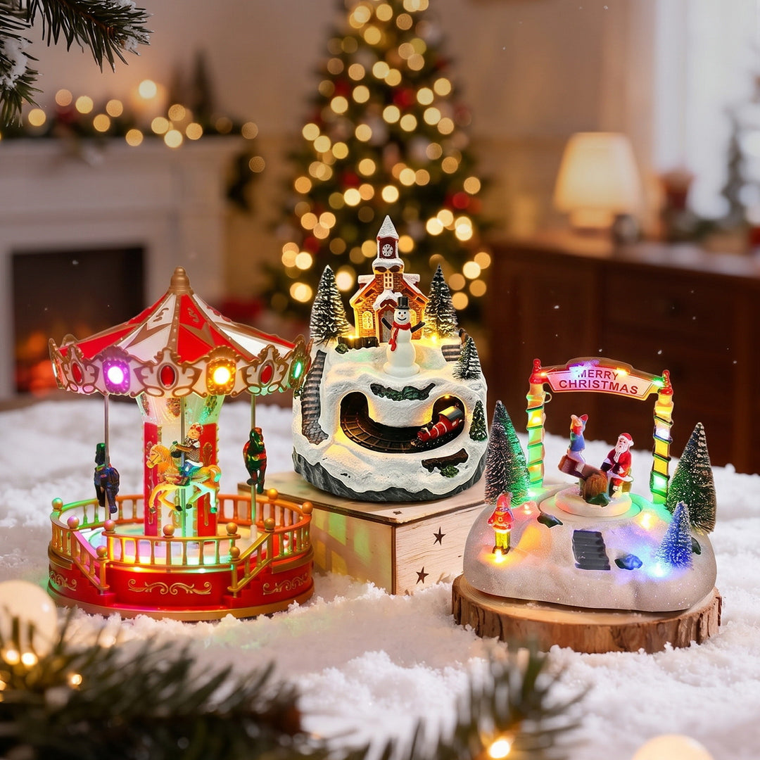 Illuminated Christmas village decoration with moving figures Stornfield