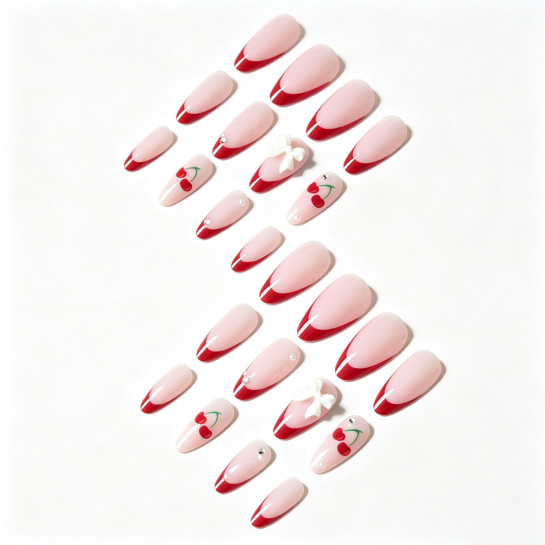 Artistic Cherry and Bow Nail Art Design