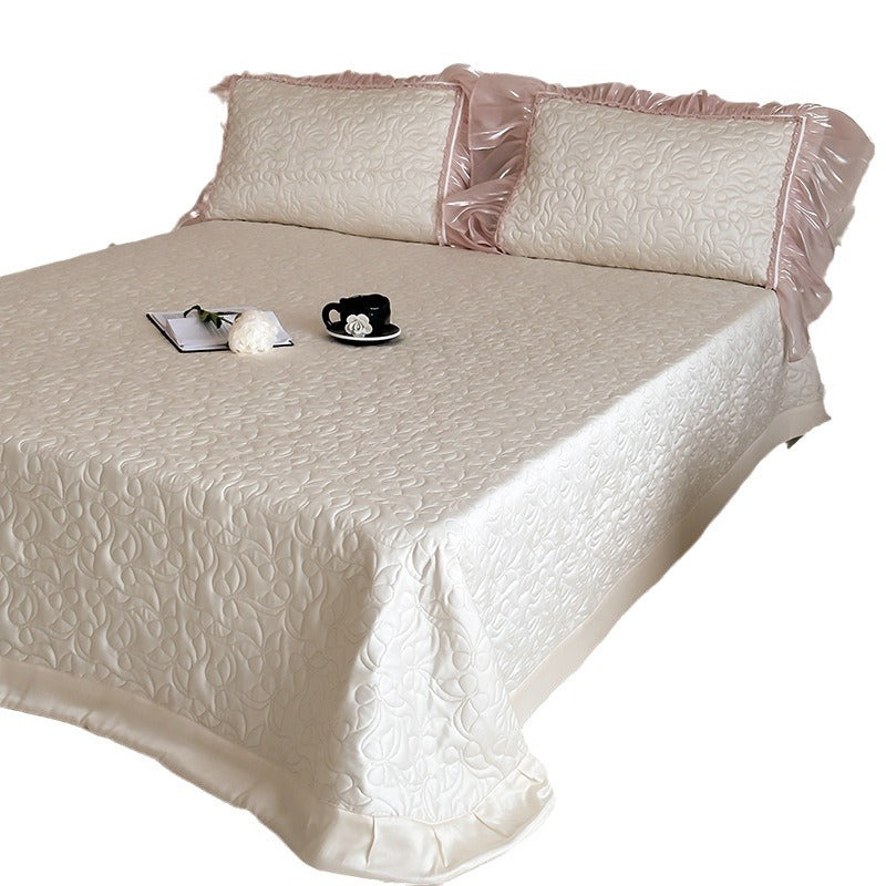 Luxurious satin bedding set with fine ruffle trimming & embroidered butterfly motifs