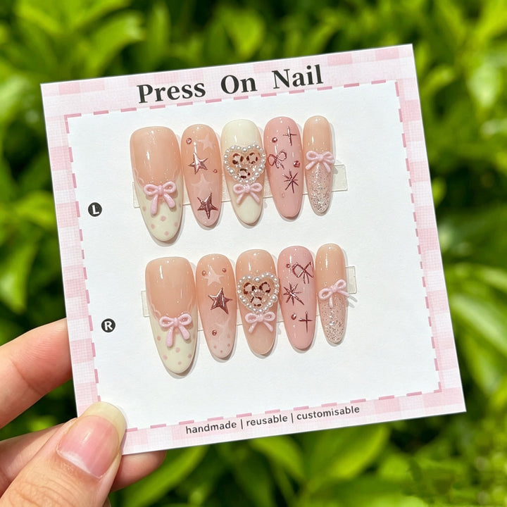 Decorative Press-On Nail Art Set with Bow and Heart Designs