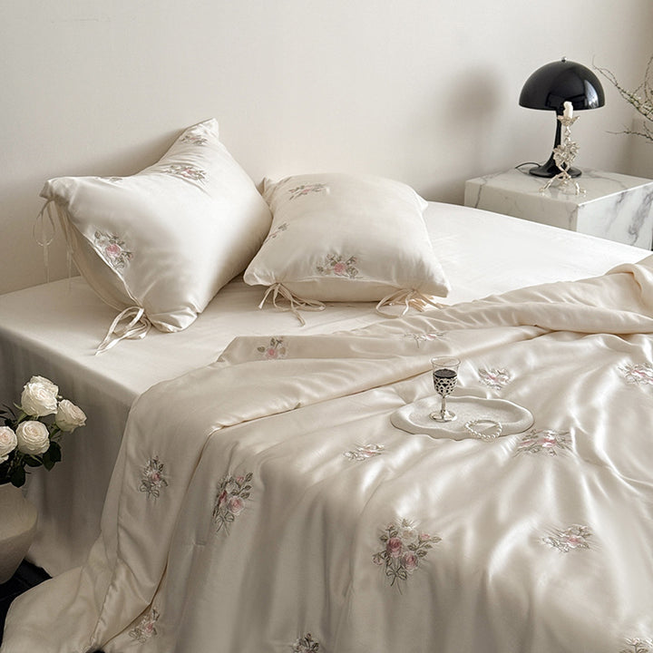 Luxurious satin bedding set with delicate rose embroidery Stornfield