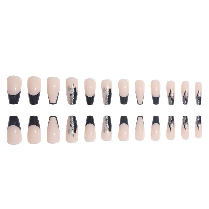 Elegant Stiletto Press-On Nails with Artistic Black Tips and Silver Accents Stornfield