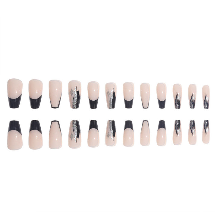 Elegant Stiletto Press-On Nails with Artistic Black Tips and Silver Accents Stornfield