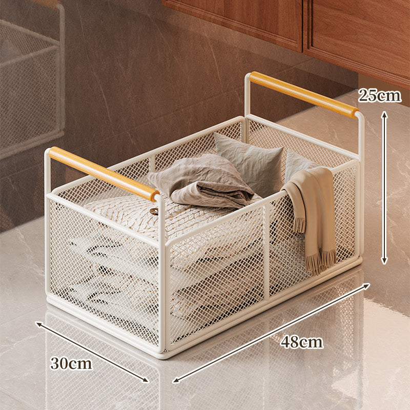 Low-Profile Metal Mesh Storage Crate with Dual Wood-Accent Handles for Blankets and Towels