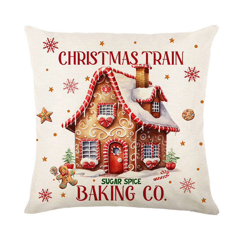 Festive Christmas Linen-Texture Square Cushion Cover with Merry Christmas Gingerbread Pattern