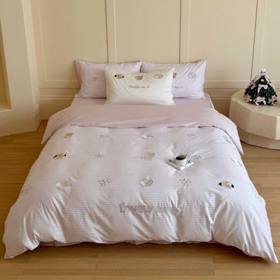 Cute Embroidered Puppy Cotton Duvet Cover Set