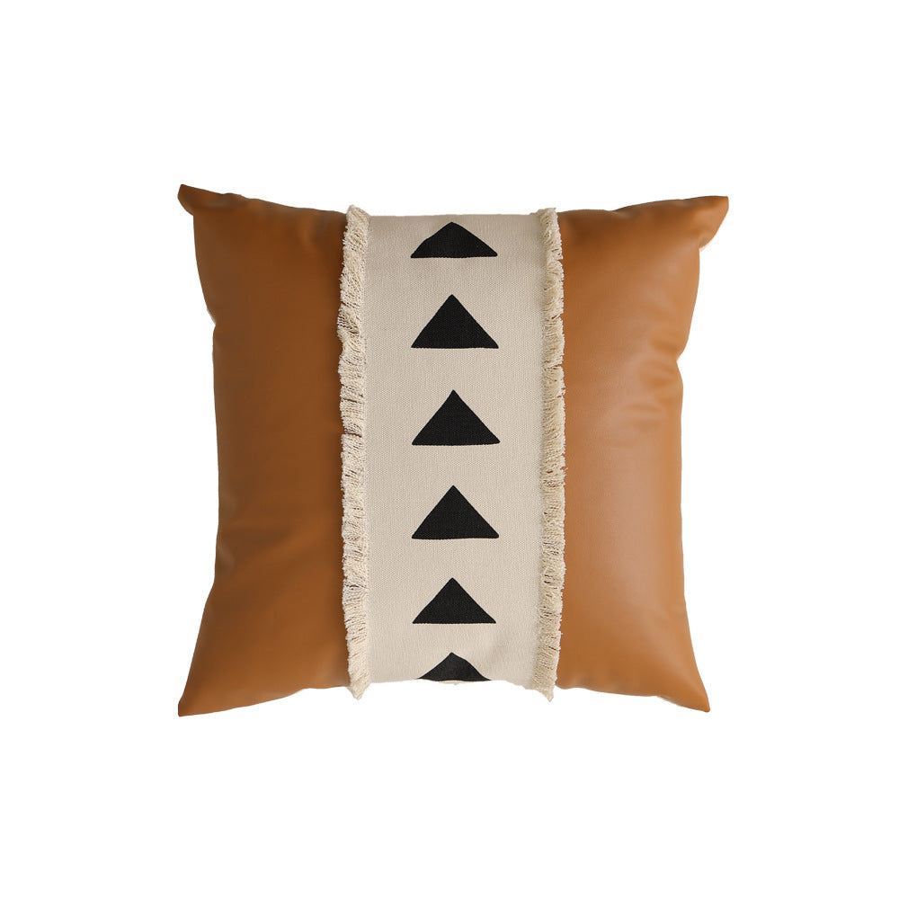 Square faux leather decorative cushion with woven central stripe and fringes