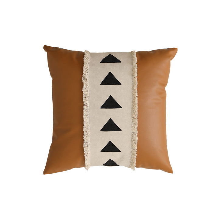 Square faux leather decorative cushion with woven central stripe and fringes