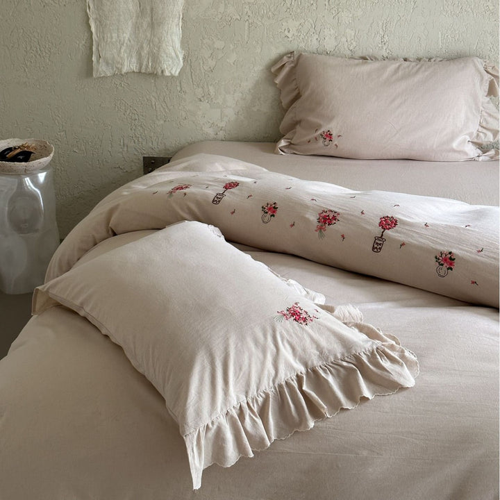 Ruffled Embroidered Cotton Duvet Cover Set with Pillow Shams