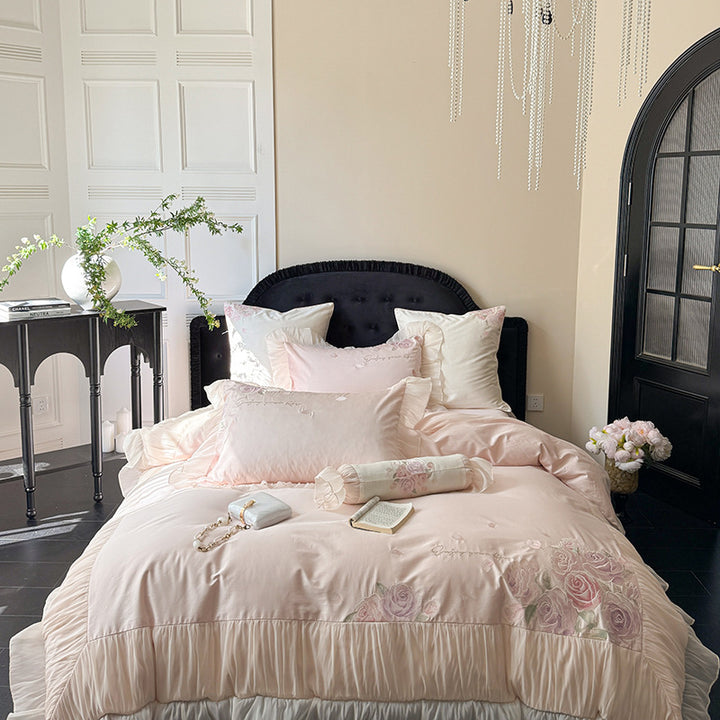 Romantic Floral Embroidered Ruffled Satin-Feel Duvet Cover Set with Decorative Bolster