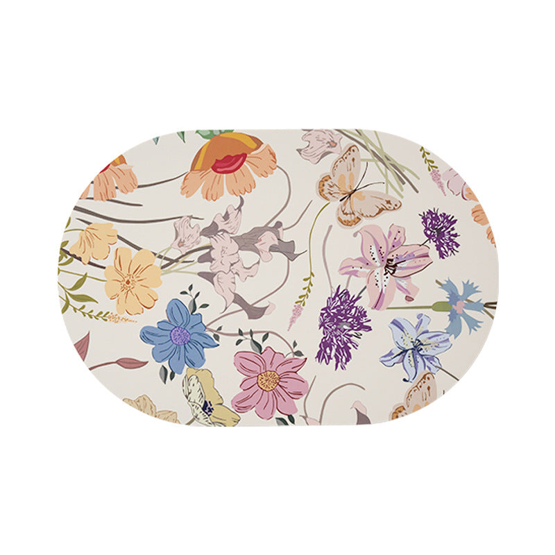 Oval wipeable table set made of vinyl with floral retro pattern and non-slip back Stornfield
