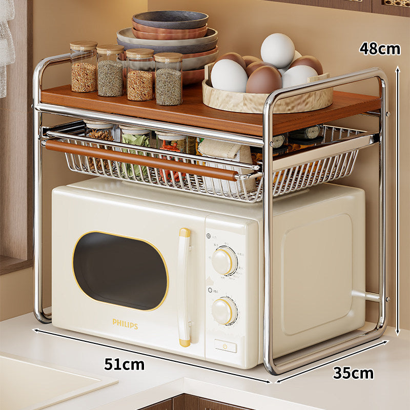 Kitchen Microwave Storage Rack with Sliding Wire Basket and Wooden Top