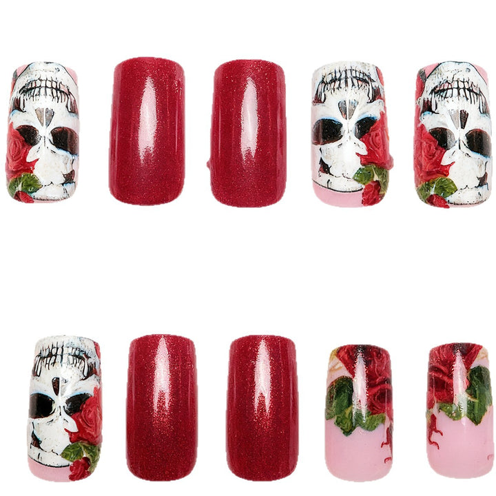 Artistic Nail Tips with Skull and Rose Pattern Stornfield