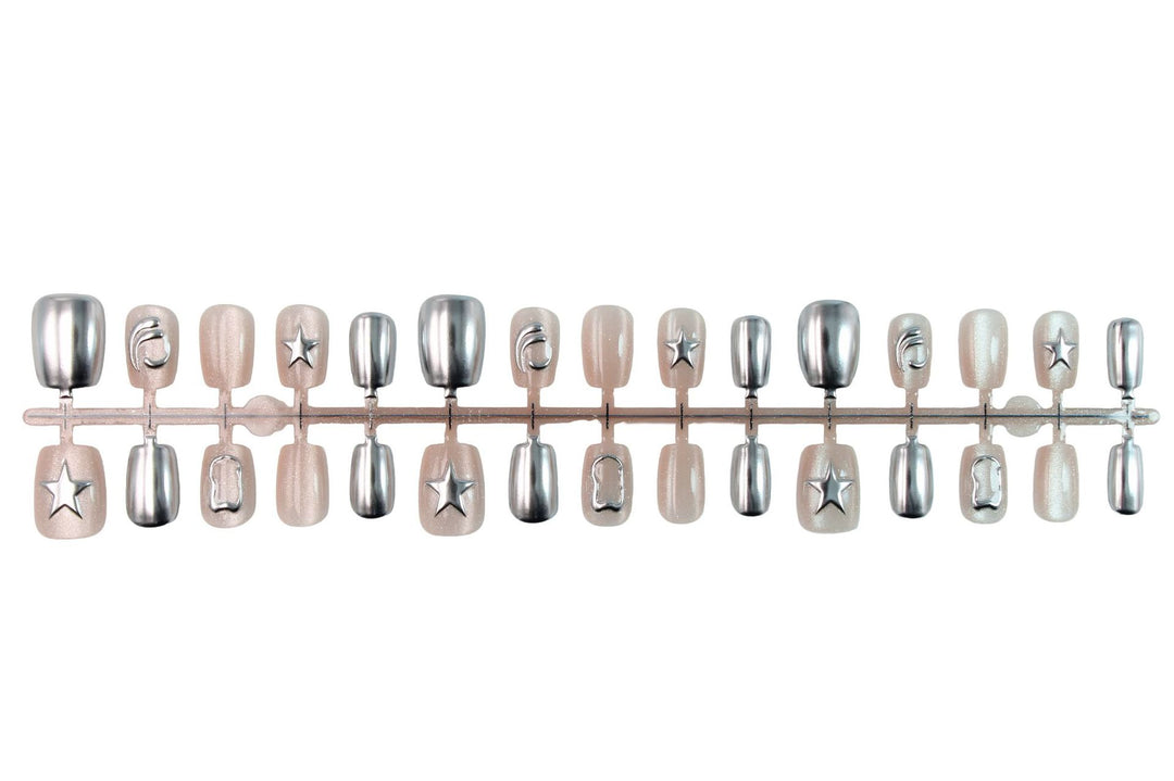 Acrylic nail set with glamorous star motifs and holographic effects Stornfield