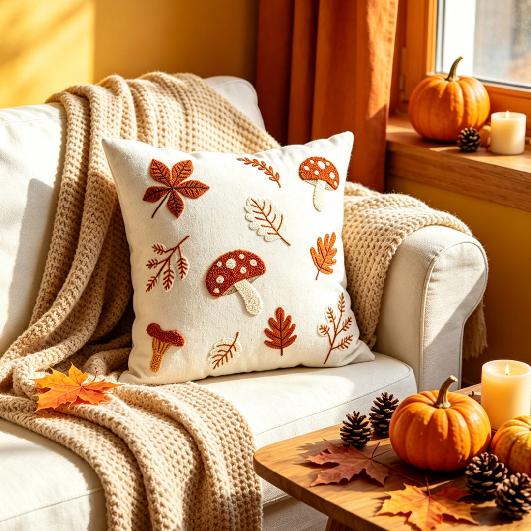 Square Embroidered Autumn Mushroom & Oak Leaf Textured Cotton-Linen Throw Pillow Cover with Hidden Zipper