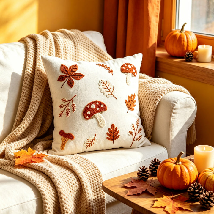 Square Embroidered Autumn Mushroom & Oak Leaf Textured Cotton-Linen Throw Pillow Cover with Hidden Zipper