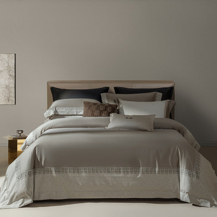 Hotel-Grade Sateen Duvet Cover Ensemble with Micro-Embroidered Lattice Border and Euro Shams