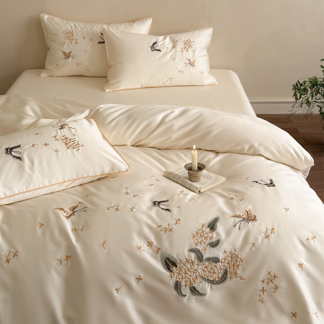 Silky Sateen Embroidered Botanical & Butterfly Duvet Cover Set with Piped Shams