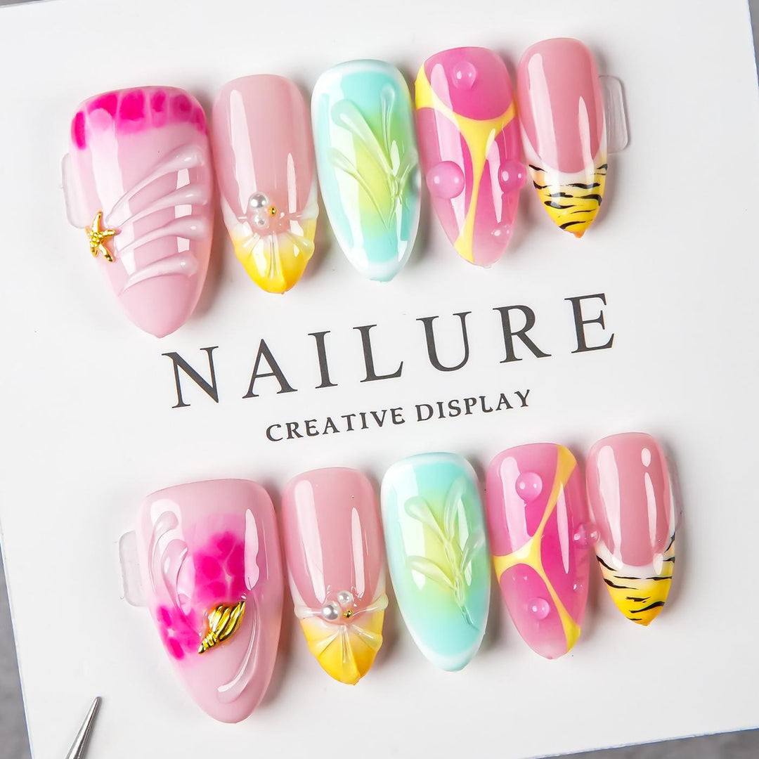 Artistic Press-On Nail Set with Floral and Graphic Designs
