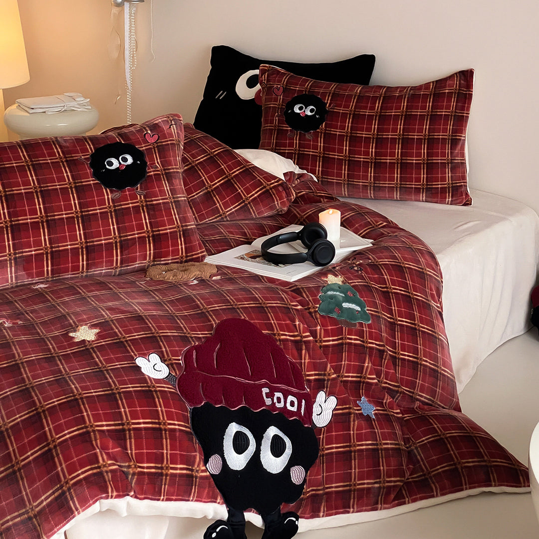 Plaid Embroidered Cartoon Appliqué Duvet Cover Bedding Set