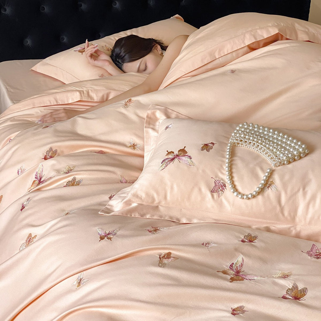 Embroidered Butterfly Cotton-Sateen Duvet Cover Set with Luxury Satin Finish