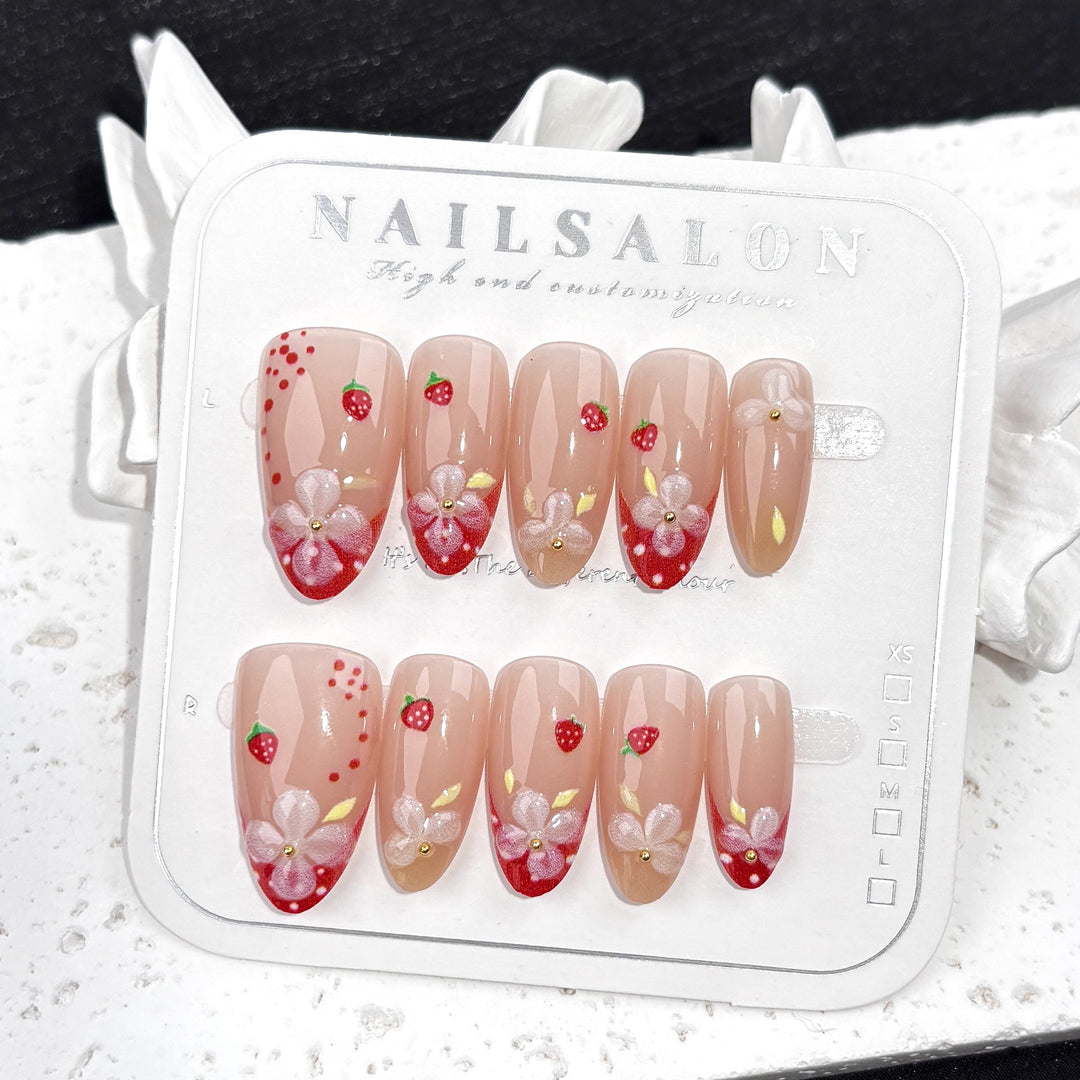 Floral Strawberry-Themed Press-On Nails