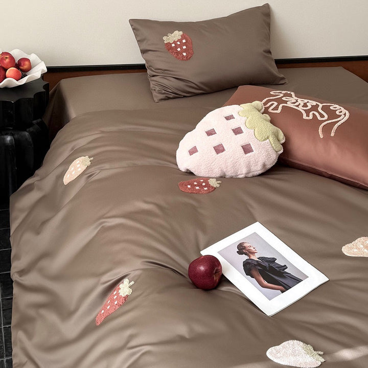 Silky Satin Strawberry Appliqué Reversible Duvet Cover & Pillow Sham Set