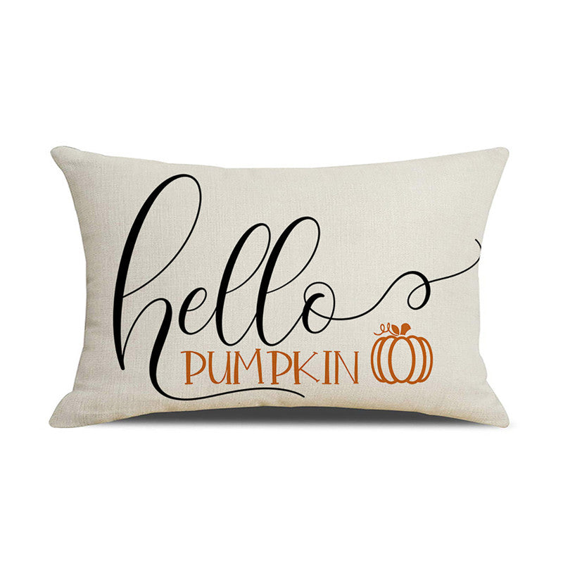 Rectangular Linen-Cotton Decorative Pillow Cover with Polka Dot Background and Autumn Pumpkin Floral Print
