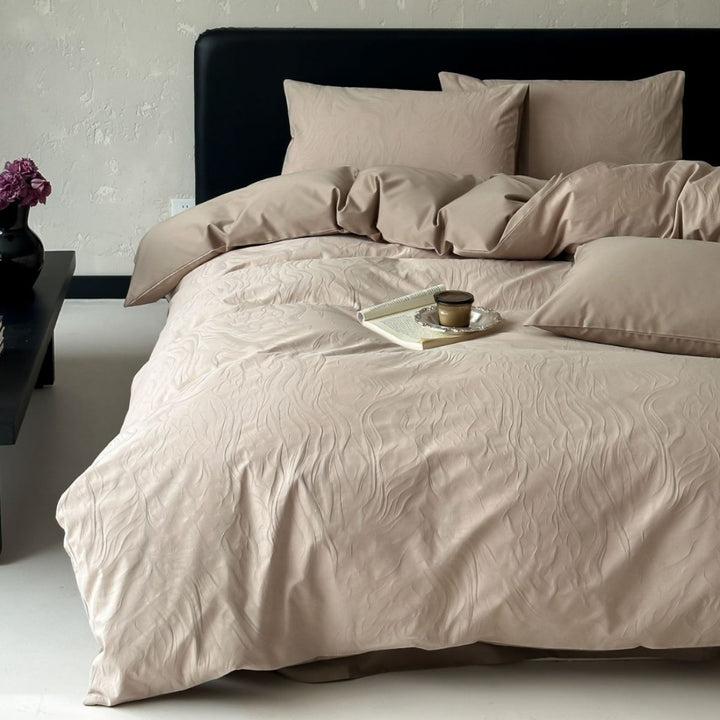 Luxury cotton satin bedding set with embossed wave texture and concealed hotel closure
