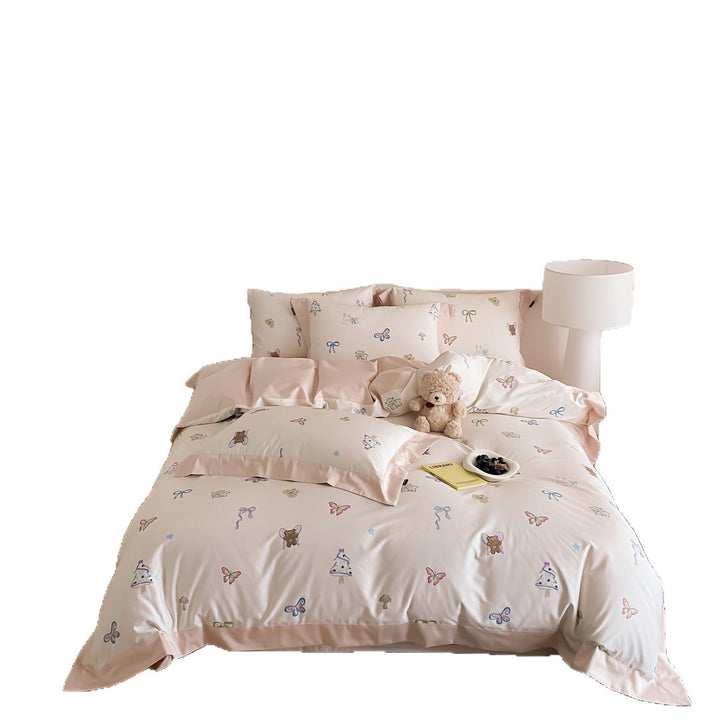 Playful Pastel Printed Cotton Sateen Duvet Cover Set with Satin Border and Pillow Shams
