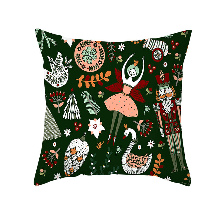 Square Linen-Blend Holiday Cushion Cover with Nutcracker & Vintage Ornament Print