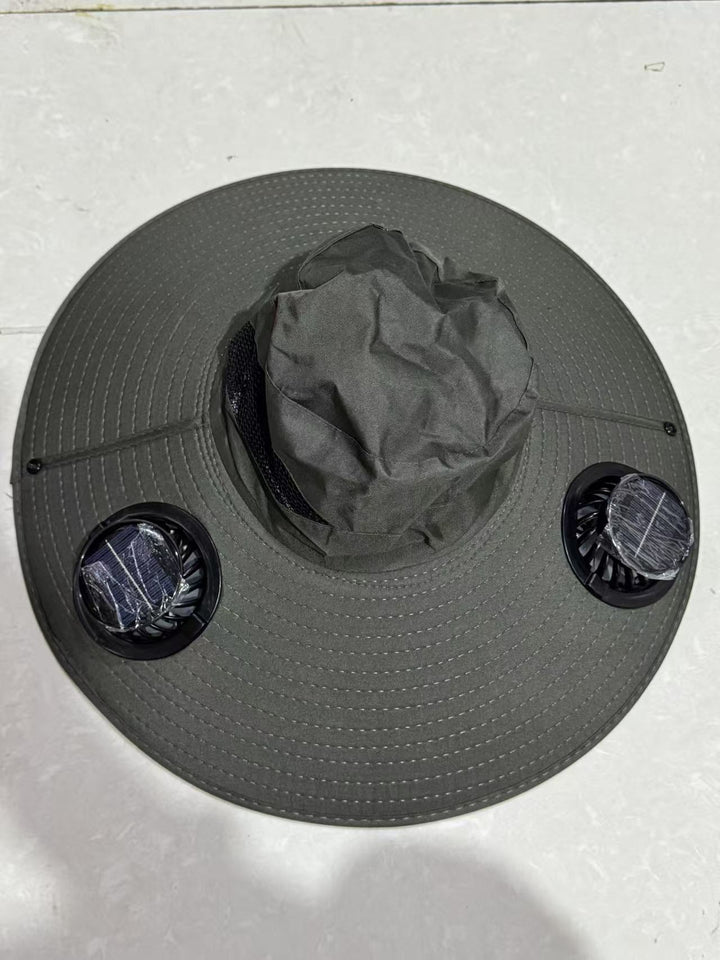 Ventilated sun hat with integrated battery fans, breathable mesh inserts, and adjustable chin strap Stornfield