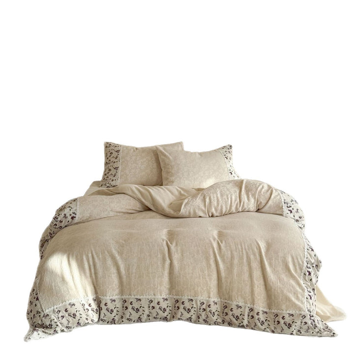 Floral-Trim Cotton Sateen Duvet Cover Set with Lace Edge