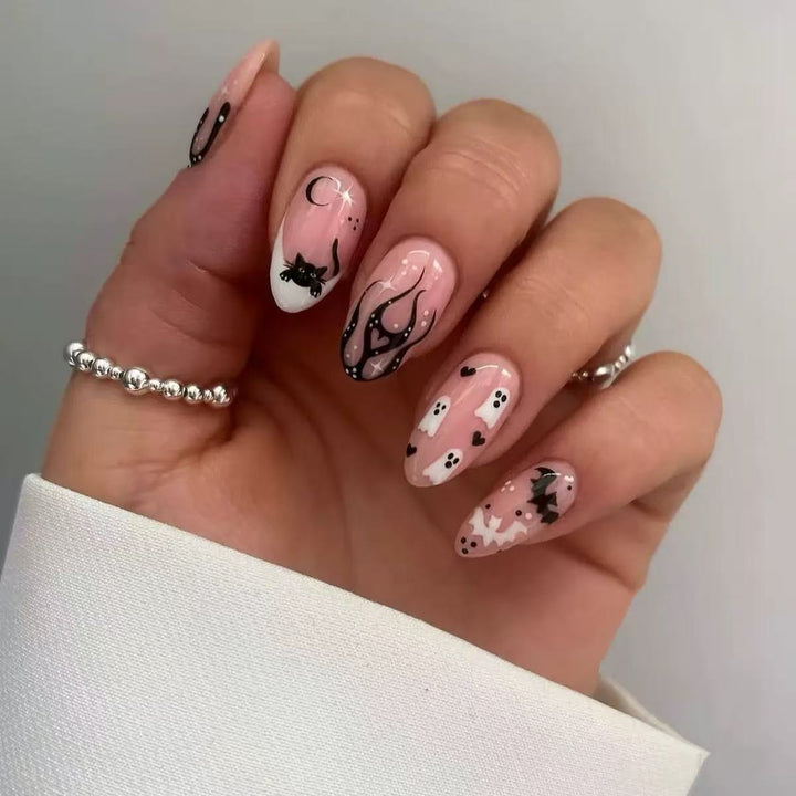 Artistic Cat and Ghost-Themed Press-On Nail Set