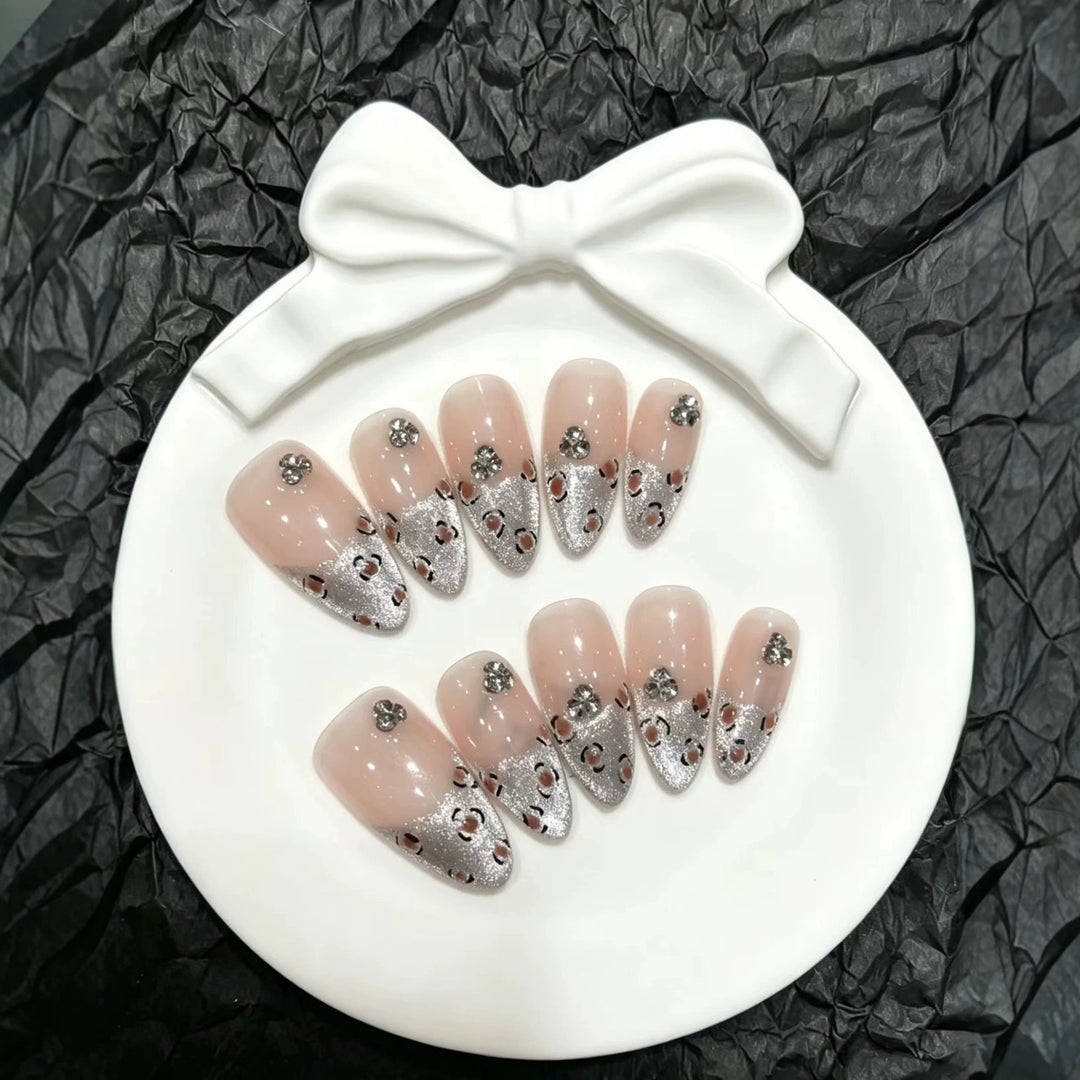 Decorative Press-On Nail Art Set with Gem and Silver Accents