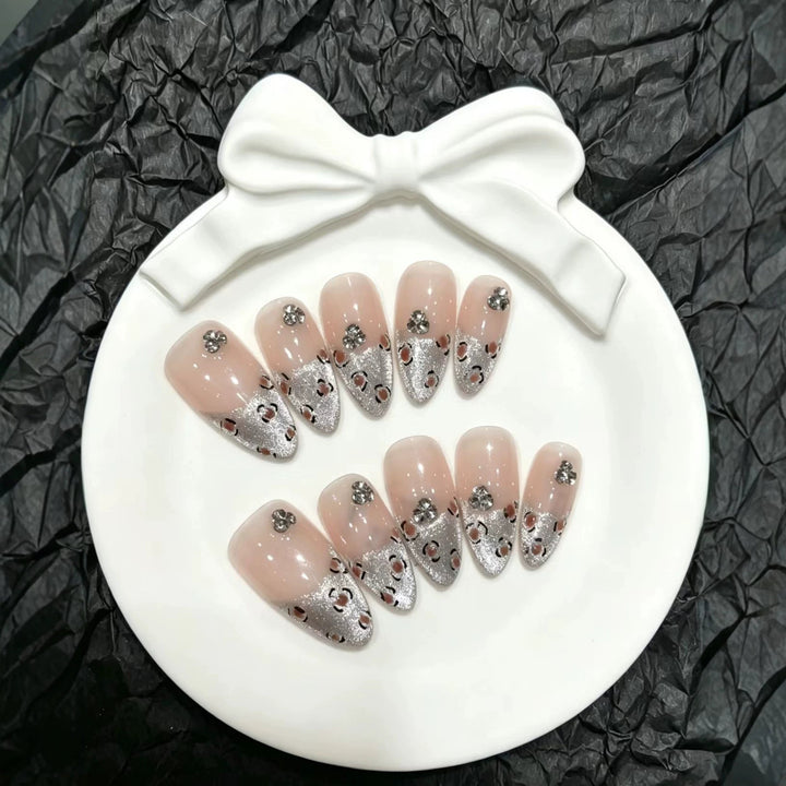 Decorative Press-On Nail Art Set with Gem and Silver Accents