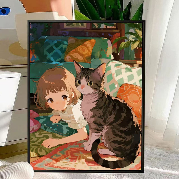 Cute Cat and Child Illustration Wall Art Stornfield