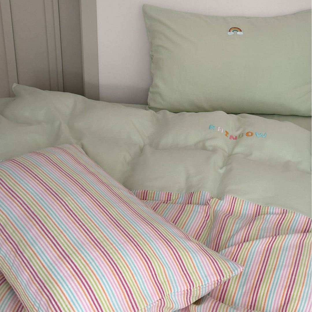 Reversible Striped Cotton Duvet Cover Set with Embroidered Rainbow Accent