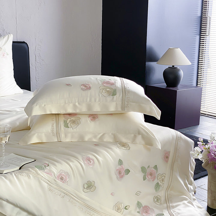 Silk-Blend Botanical Embroidered Duvet Cover Set with Satin Border & Decorative Shams