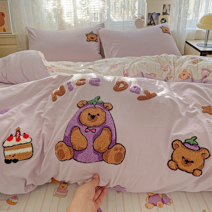 Cute Cartoon Bear Pattern Duvet Cover Set