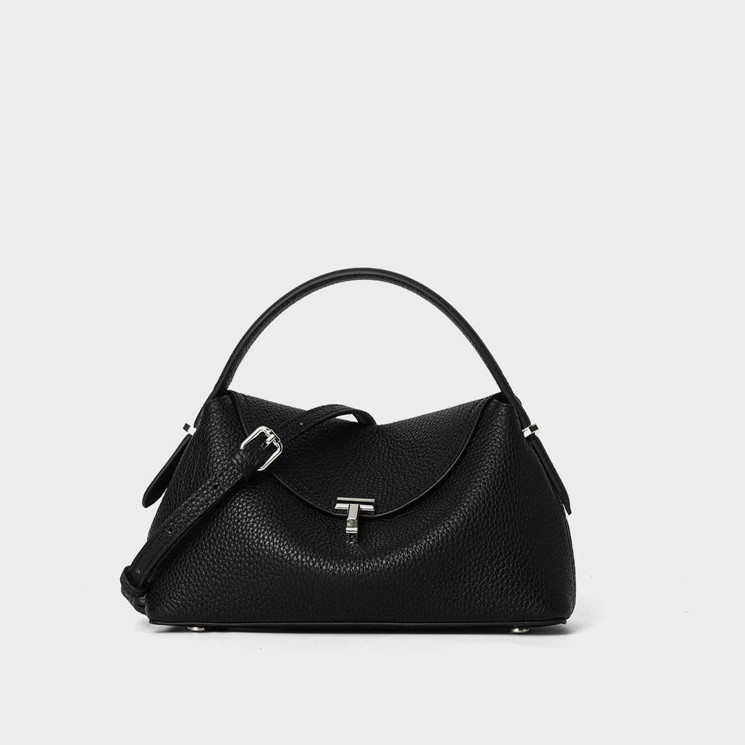 Curved Envelope Top-Handle Pebbled Satchel with Removable Crossbody Strap